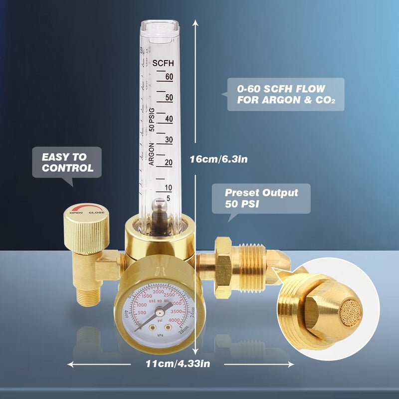 WeldingStop Argon CO2 MIG TIG Flow Meter Gas Regulator Gauge for MIG TIG Welding 0-60CFH CGA580 - Image 2